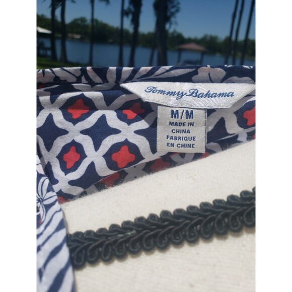 Tommy Bahama Geo Floral Tunic Blouse Cotton Split Neck Medium Tie Tassels Blue - Picture 7 of 16